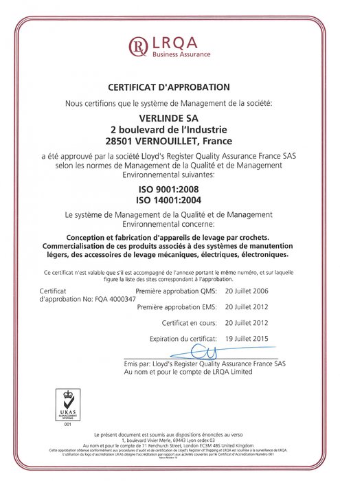 VERLINDE SA ist nach ISO 14001:2004 zertifiziert